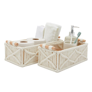 Set of 2 Macrame Storage Baskets, Woven Bins with Wood Handles for Home Decor (Ivory)