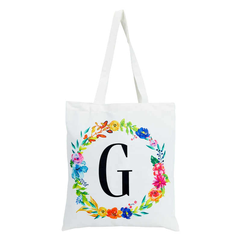 Set of 2 Reusable Monogram Letter G Personalized Canvas Tote Bags for Women, Floral Design (29 Inches)