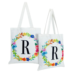 Set of 2 Reusable Monogram Letter R Personalized Canvas Tote Bags for Women, Floral Design (29 Inches)