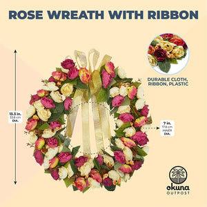 Rose Wreath with Ribbon for Front Door, Valentine Decor (13.3 in, Red, Yellow)
