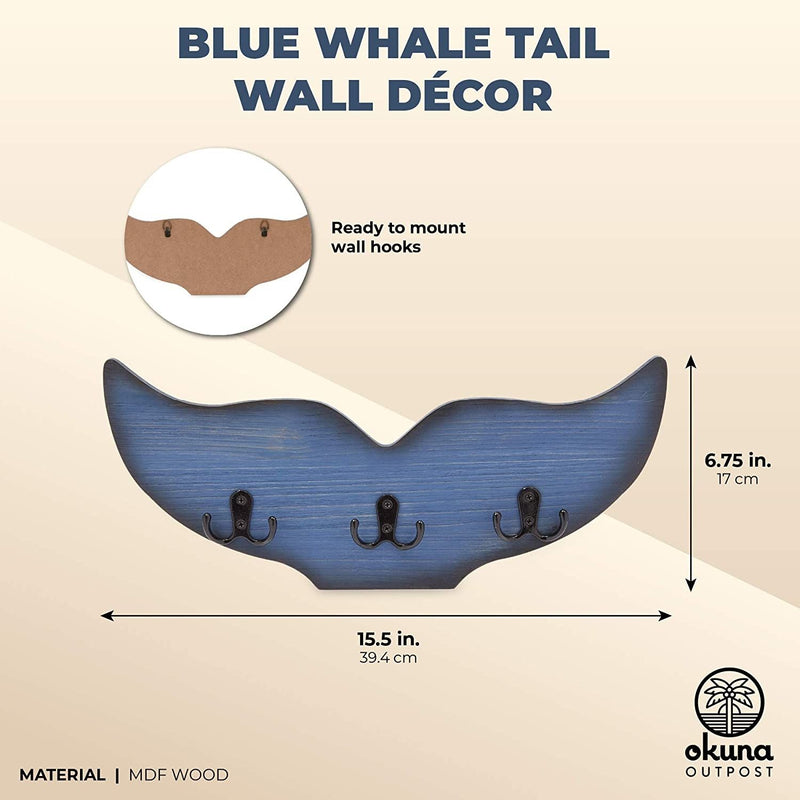 Whale Tail Wall Hook for Nursery, Nautical Ocean Wall Decor (Blue, 15.5 x 6.75 x 1 In)