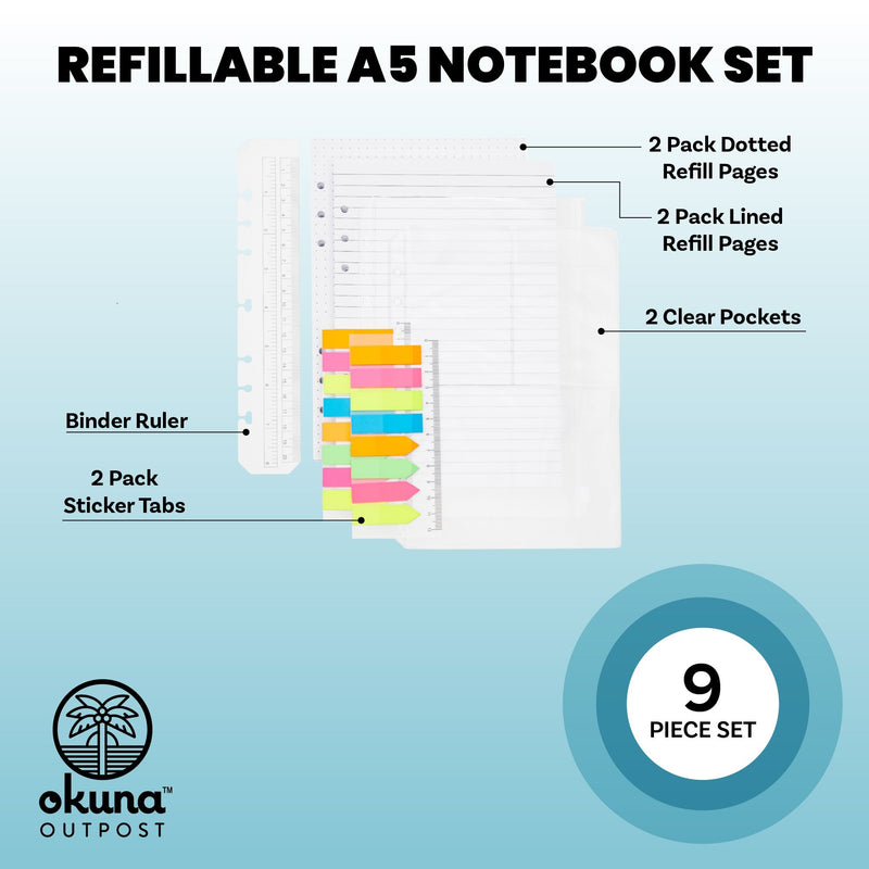 A5 Binder Inserts with Dotted Paper, Lined Paper, Zip Envelope, 3-Pocket Bag, 320 Note Flag Tabs, Ruler Marker for 6-Ring Notebook