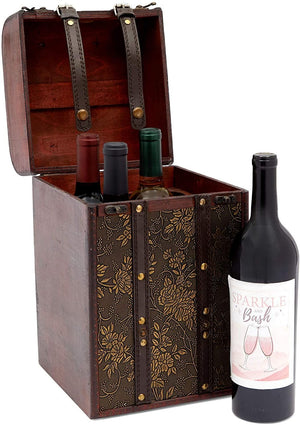 4 Wine Bottle Holder, Floral Wooden Trunk (8 x 13.8 x 8.5 In)