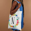 Set of 2 Reusable Monogram Letter N Personalized Canvas Tote Bags for Women, Floral Design (29 Inches)