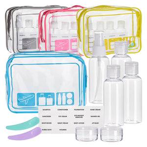 Set of 4 TSA Clear Toiletry Bags with Empty TSA Approved Travel Containers For Packing, Assorted Colors