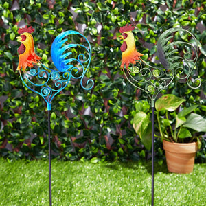 Okuna Outpost Metal Rooster Planter Stakes for Yard and Garden Decor (5.5 x 24.5 in, 4 Pack)