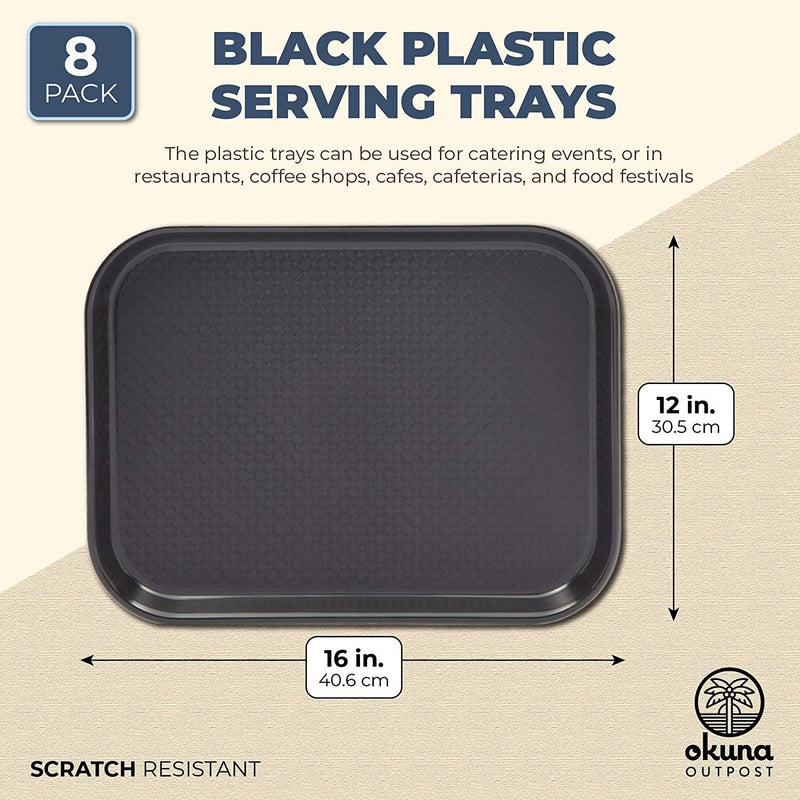 8 Pack Black Plastic Serving Tray, Nonslip for Cafeteria, School Lunch, Fast Food, Restaurant (12 x 16 In, Black)