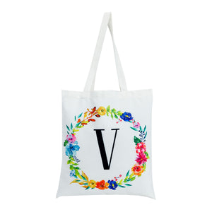Set of 2 Reusable Monogram Letter V Personalized Canvas Tote Bags for Women, Floral Design (29 Inches)