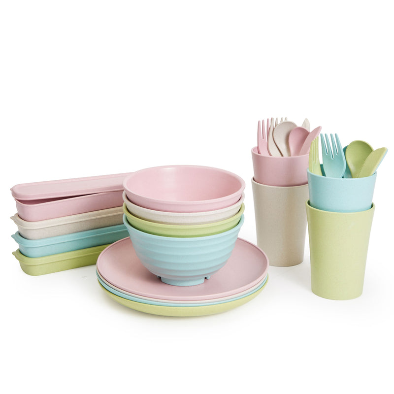 Set of 28 Pcs Wheat Straw Dinnerware with Cups, Plates, Bowls for Kids & Kitchen, Unbreakable & Microwave Safe, 4 Colors