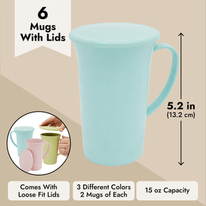6 Pack Wheat Straw Mugs with Handles, Lids, Unbreakable Coffee Cups, Microwave and Dishwasher Safe (3 Colors, 15 oz)