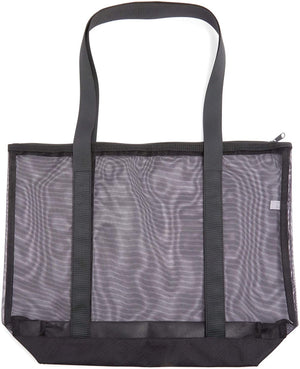 Mesh Tote Bags with Zipper for Grocery Shopping, Beach (Black, Large, 2 Pack)
