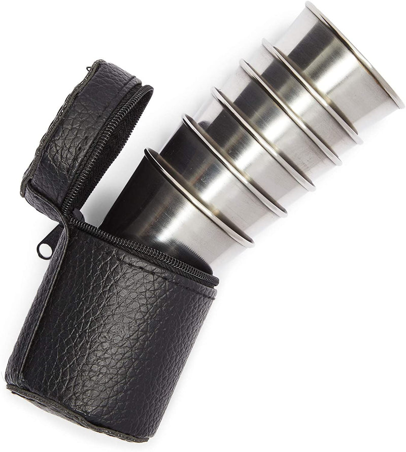 6-Pack Stainless Steel Shot Glasses with Leather Case, Metal Shooters for Whiskey, Tequila, and Other Liquor (2 oz)