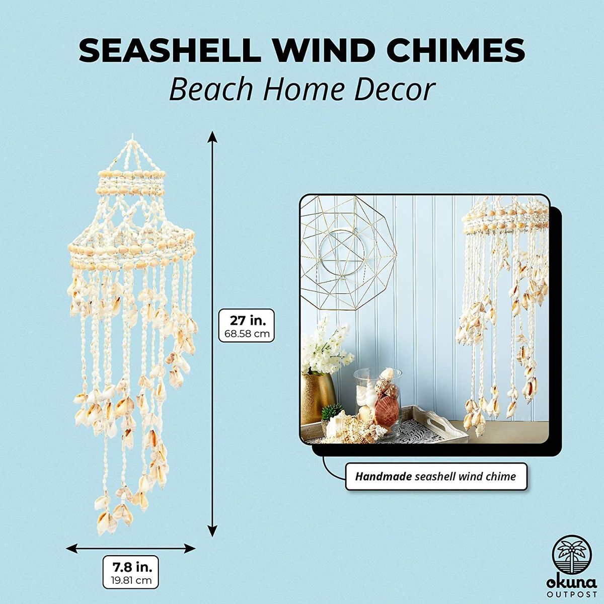 Blue Ceramic Ombre Light House Windchime with Shell and Starfish Accents