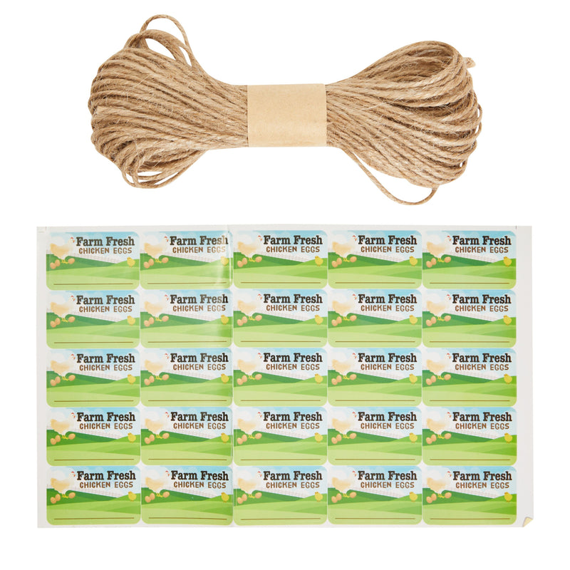 20-Pack Reusable Paper Egg Cartons for 6 Chicken Eggs with 50 Self-Adhesive Labels and 49-Feet Jute String, Retail Cartons for Half-Dozen Eggs (Brown)