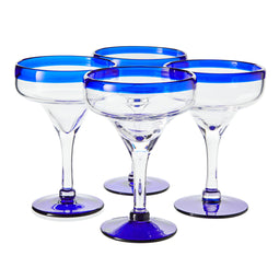 Set of 4 Hand Blown Mexican Margarita Glasses with Cobalt Blue Rim (14 oz)