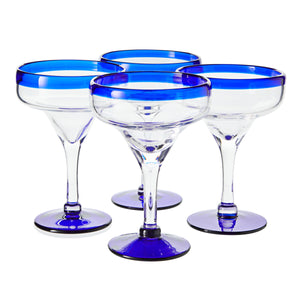 Set of 4 Hand Blown Mexican Margarita Glasses with Cobalt Blue Rim (14 oz)