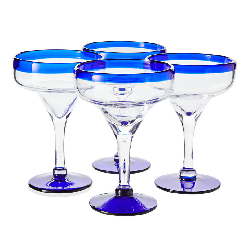 Set of 4 Hand Blown Mexican Margarita Glasses with Cobalt Blue Rim (14 oz)