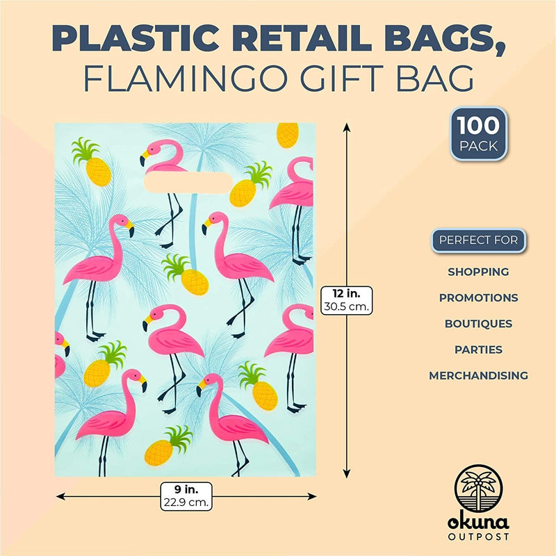 100 Pack Flamingo Goodie Bags, Gift Bags with Handle for Tropical Party Decorations (9 x 12 In)