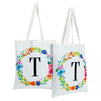 Set of 2 Reusable Monogram Letter T Personalized Canvas Tote Bags for Women, Floral Design (29 Inches)