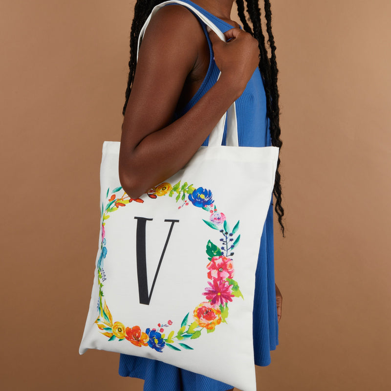 Set of 2 Reusable Monogram Letter V Personalized Canvas Tote Bags for Women, Floral Design (29 Inches)