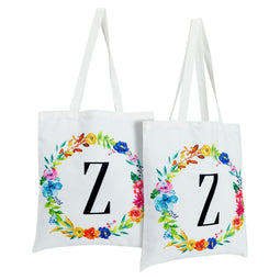 Set of 2 Reusable Monogram Letter Z Personalized Canvas Tote Bags for Women, Floral Design (29 Inches)