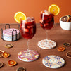 Set of 8 Ceramic Coasters for Drinks with Cork Base and Iron Holder, Mediterranean Tile Designs (4 Inches)