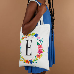 Set of 2 Reusable Monogram Letter E Personalized Canvas Tote Bags for Women, Floral Design (29 Inches)