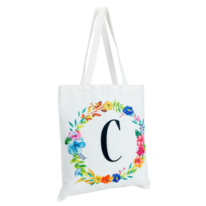 Set of 2 Reusable Monogram Letter C Personalized Canvas Tote Bags for Women, Floral Design (29 Inches)