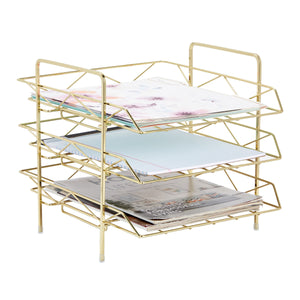 3 Tier Metal File Folder Organizer for Letters, Stackable Paper Tray for Home, Office Desk Decor and Accessories (Gold, 13 x 11 In)