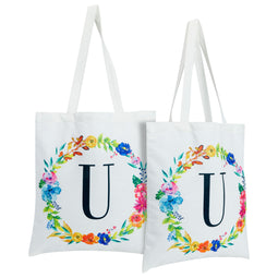 Set of 2 Reusable Monogram Letter U Personalized Canvas Tote Bags for Women, Floral Design (29 Inches)