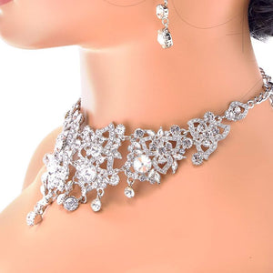 Faux Diamond Necklace and Earrings for Valentines, Costume Jewelry Set (2 Pieces)