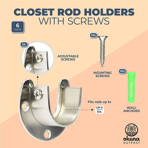 Okuna Outpost Closet Rod Holders with Screws, Stainless Steel (6 Pack)
