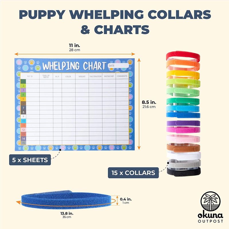Puppy Whelping Collars and Dog ID Charts, Pet Supplies in 15 Colors (20 Pieces)
