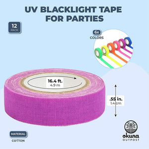 Blacklight Tape for Parties, 6 Glow in The Dark Colors (16.4 Feet, 12 Pack)