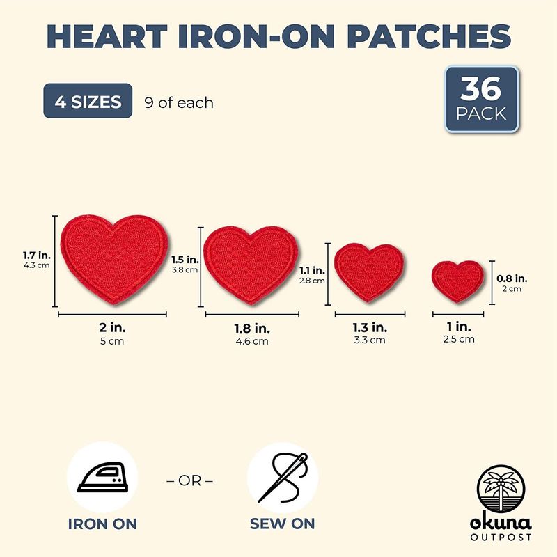 Iron On Patches, Red Hearts for Sewing, DIY Crafts (4 Sizes, 36