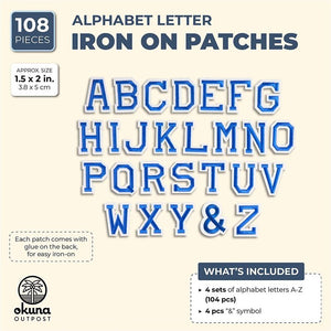Blue Iron On Patches, A-Z Alphabet Letters (1.5 x 2 Inches, 108 Pieces)
