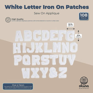 White Iron On Patches, A-Z Alphabet Letters (1.5 x 2 Inches, 108 Pieces)