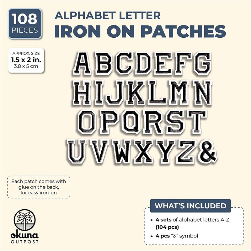 Black Iron On Patches, A-Z Alphabet Letters (1.5 x 2 Inches, 108 Pieces)