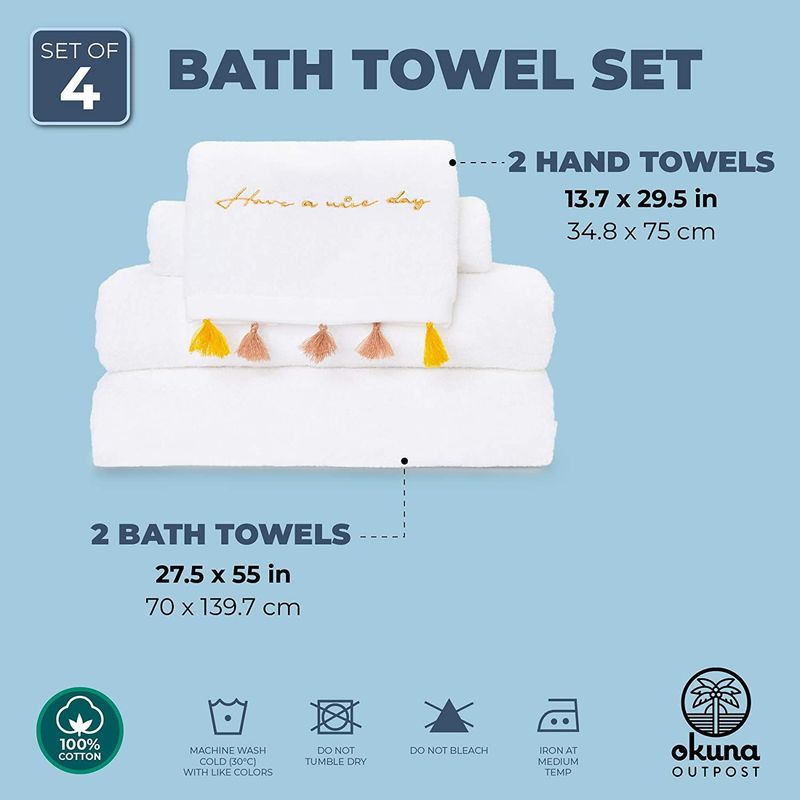 White Bath Towels with Tassels, Boho Chic Bathroom Décor (4 Pack)
