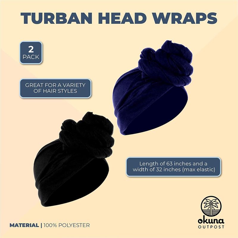 Long Turban Head Wraps for Women, Hair Scarf (2 Colors, 60 x 7.5 In, 2 Pack)