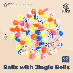 Cat Toy Balls with Bells, Kitten Toys (Orange, Blue, Pink, Yellow, 1.5 in, 60 Pack)