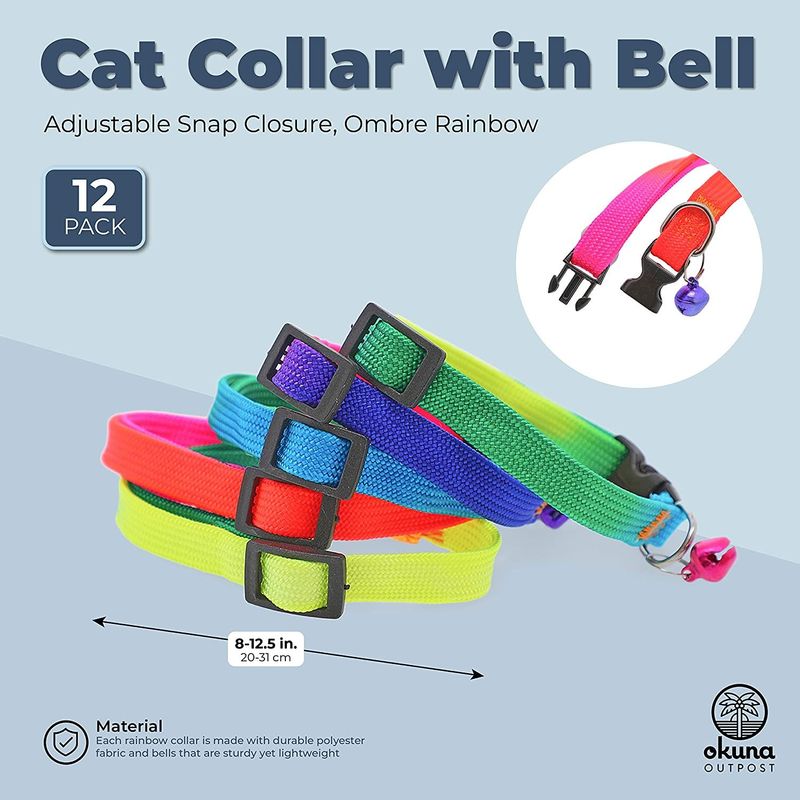 Cat Collar with Bell, Adjustable Snap Closure, Ombre Rainbow (12 Pack)