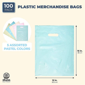 Plastic Shopping Bags for Merchandise, Die Cut Handles (Pastel, 12 x 15 in, 100 Pack)