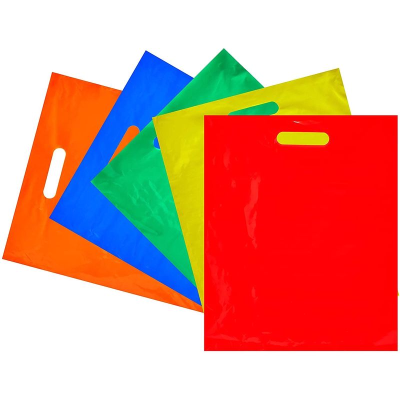 Plastic Shopping Bags for Merchandise, Die Cut Handles (5 Colors, 12 x 15 in, 100 Pack)