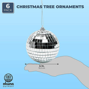 Disco Ball Christmas Tree Ornaments, Silver Decorations (4 Inches, 6 Pack)