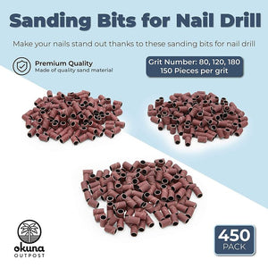 Sanding Bands for Nail Drill Bits, Grit Sizes 80, 120, 180 (450 Pieces)