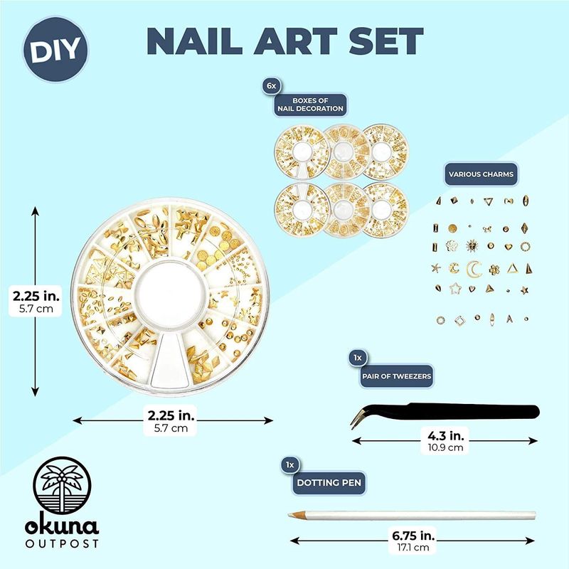 3D Nail Art Set with 6 Gold Studs Charms Boxes, 1 Tweezers, 1 Picker Pen