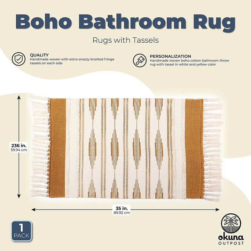 Yellow Bohemian Bathroom Rug with Tassels, Boho Mat (23.6 x 35 Inches)