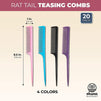 Rat Tail Teasing Combs for Women, 4 Colors (9 In, 20 Pack)