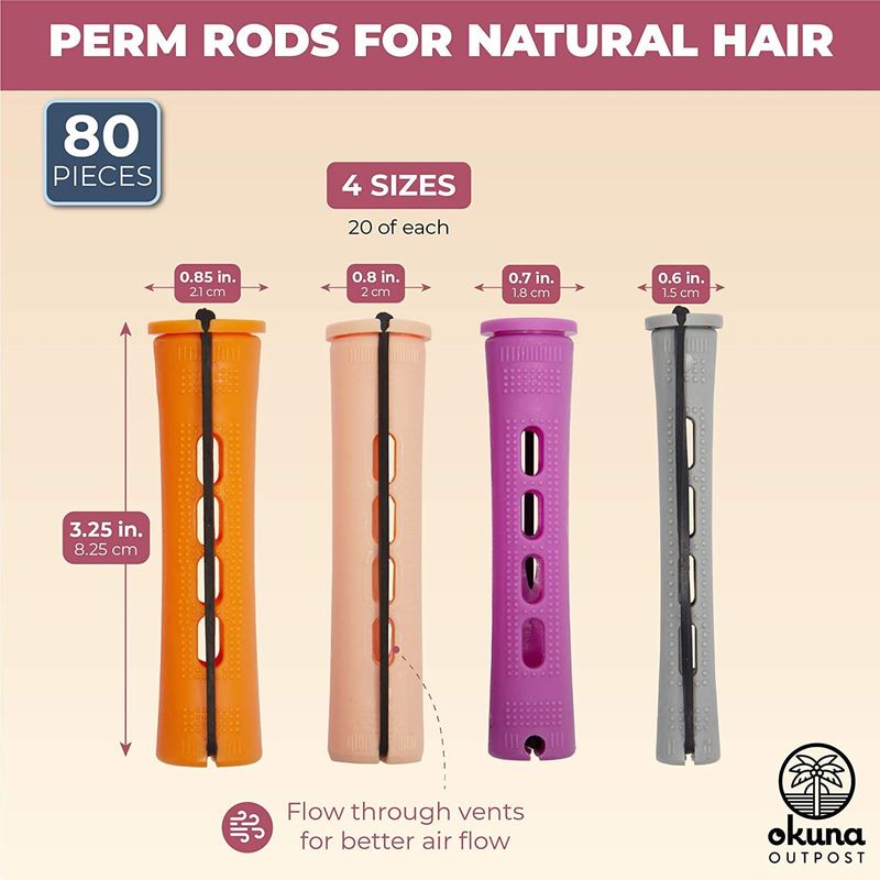 Perm Rods for Natural Hair, Salon Supplies (4 Sizes, 80 Pieces)